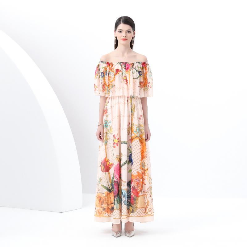 

Летние женские брендовые дизайнерские винтажные принты с открытыми плечами и длиной до щиколотки для отдыха на пляже и побережье 2XL бежевый