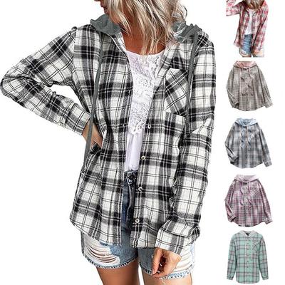 Camisa de Outono Estampa Xadrez Clássica Camisa Moletom Casual com Capuz Manga Longa Abotoamento Simples Bolso Aplicado Cordão Roupa Feminina