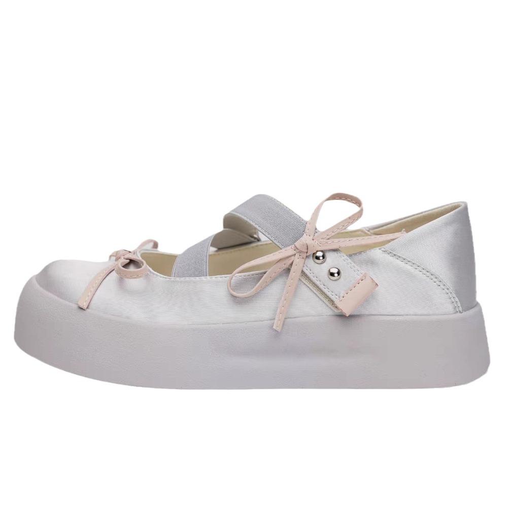 Elastic Band Bowtie Platform Ballet Shoes Women Round Toe Loafers Soft Bottom Chunky Heels Mary Jane Shoes Zapatillas Mujer
