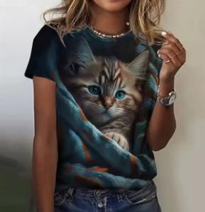 Fashion Women's T-Shirt Printed Kawaii Cat Pattern Short Sleeve Crew Neck Top Summer Outdoor Casual Street