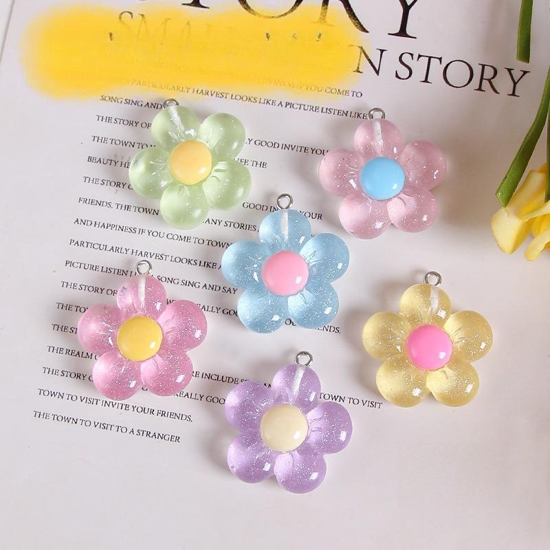BEPAN 5pcs Transparent Glitter Five Petal Flowers DIY Jewelry Accessories Colorful Resin Shiny Flowers Keychain Pendant Decorations