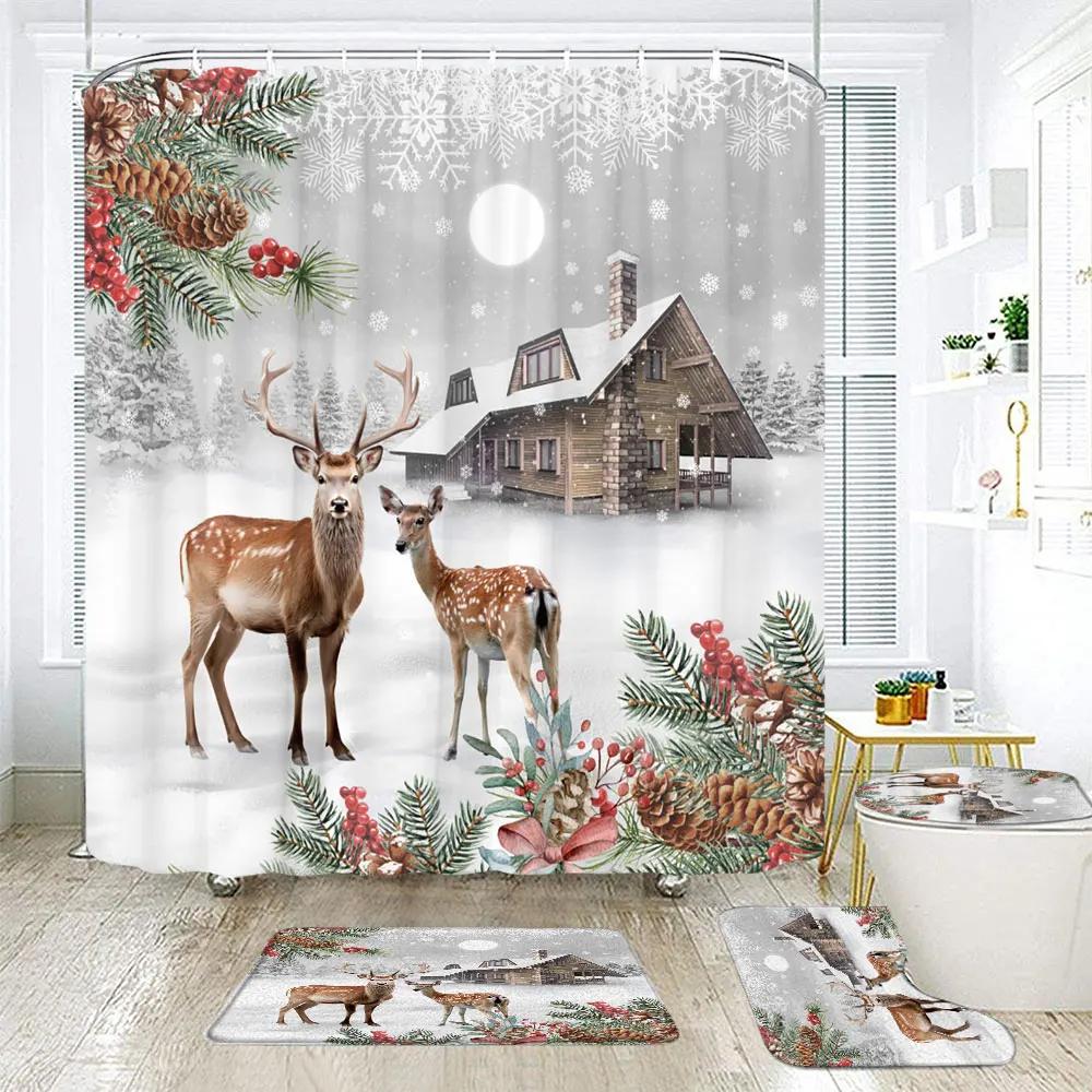 Christmas Elf Shower Curtain Rug Bathroom Set Snowman Fawn Xmas Gift Happy New Year Shower Curtain Set Bathroom Decoration