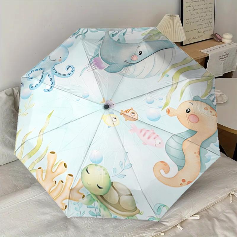 Underwater Friends Automatic Opening/Closing Umbrella - Portable Tri-Fold Design with 8-Bone Iron Frame, Perfect for Outdoor Use, Festive Gi