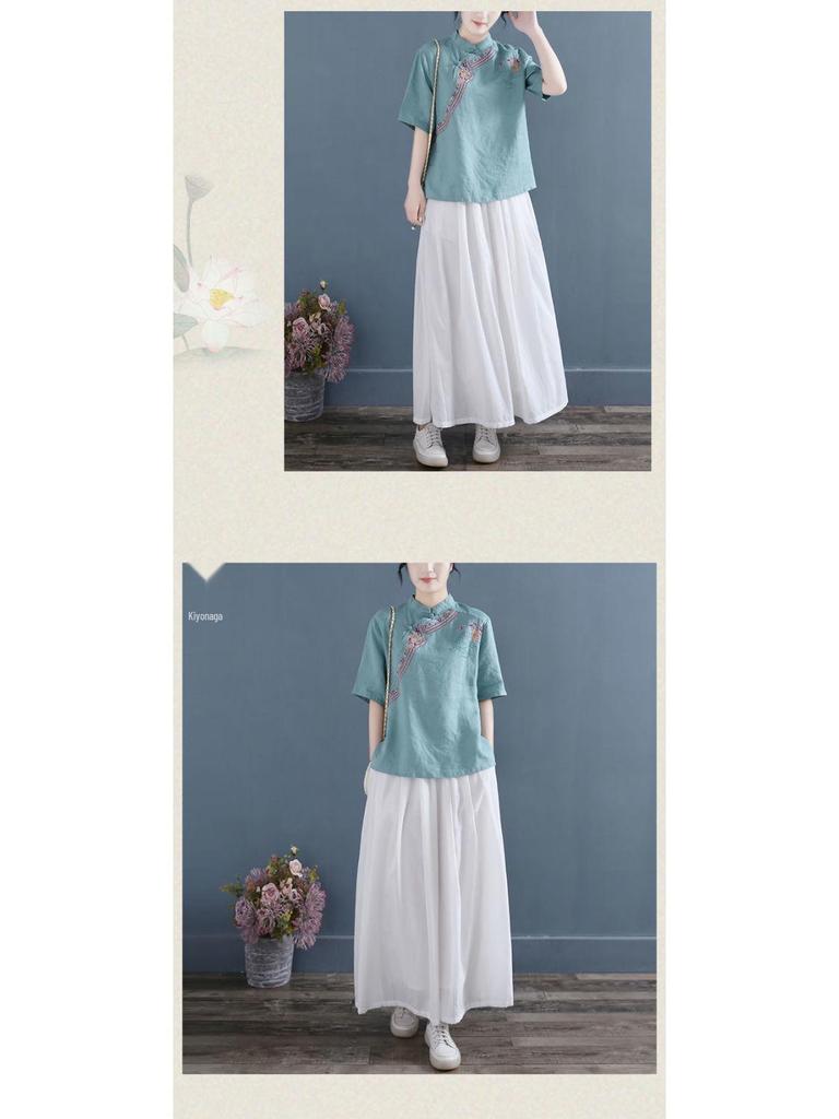 2023 Summer Women's Retro Cotton Linen Shirt with Frog Button & Embroidery