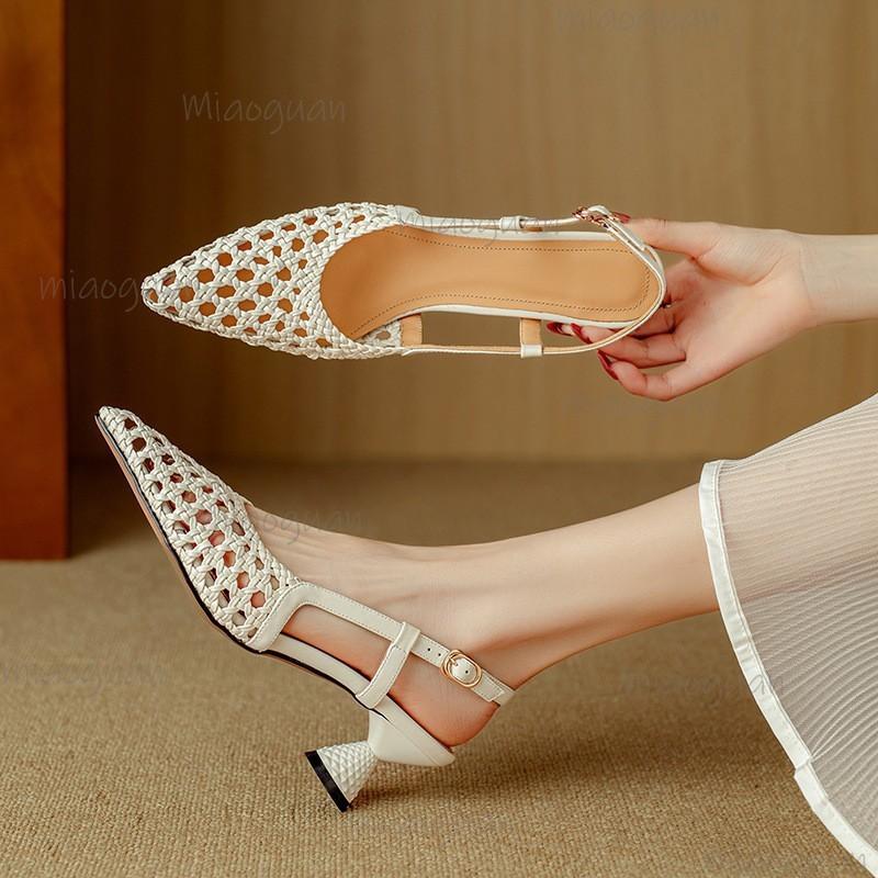 French Pointed Toe Hollow Breathable Sandals Elegant Sandals for Women Buckle Straps Cover Toe Slingback Shoes Summer