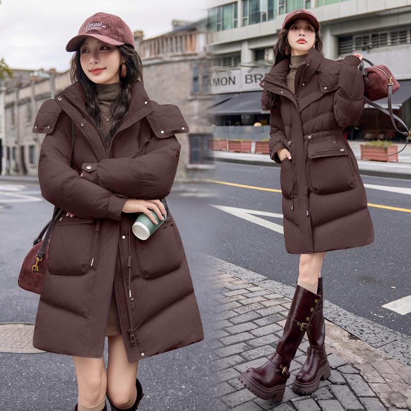 

Женский длинный пуховик с капюшоном в корейском стиле - Модный и теплый для зимы M (115-130 lbs) кофейный