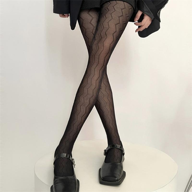 Women Sexy Sheer Tights Vertical Striped Jacquard Patterned Fishnet Stockings Hollow-Out Mesh Black Pantyhose Leggings