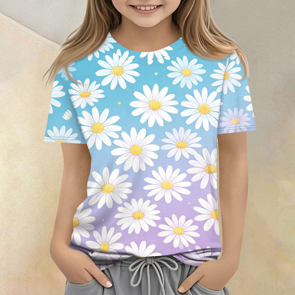 Tricou Casual cu Mânecă Scurtă și Imprimeu Floral pentru Copii, Croială Largă, Gât Rotund, Ușor și Respirabil, Tricou de Vară pentru Băieți și Fete
