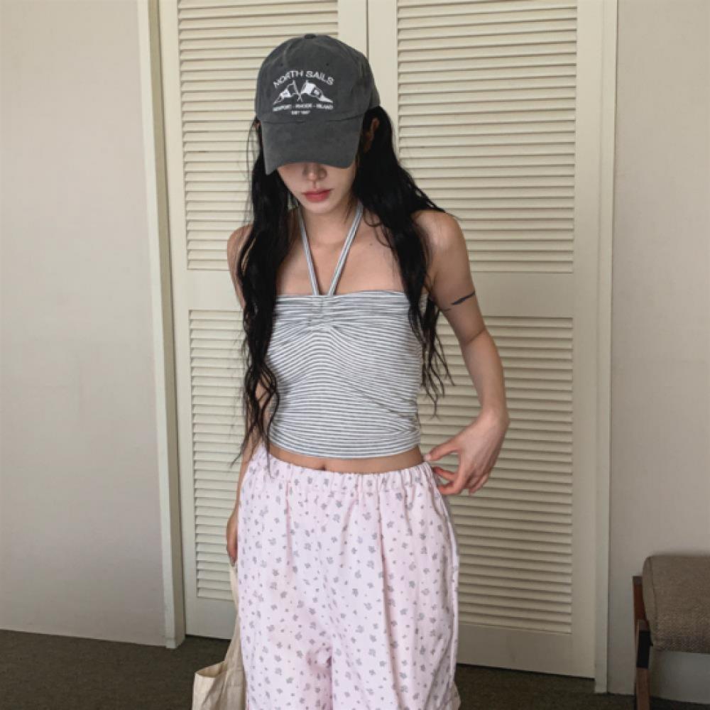 New Arrivals Open Run Women Slim FiT STripe Shirring Off Shoulder HalTer Neck T