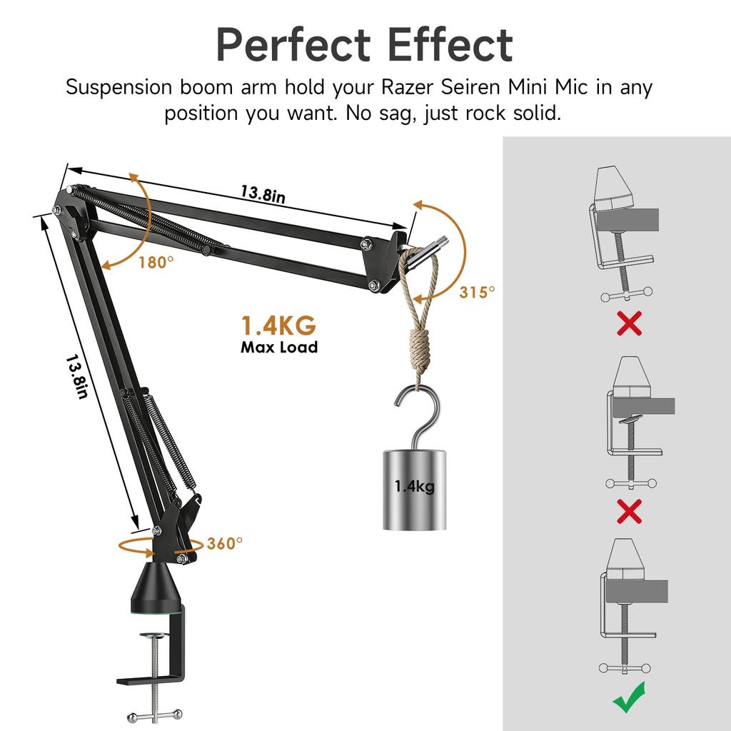 Razer Seiren Mini Boom Arm Microphone Stand with Wind Noise Reduction Cover Cable Management 3/8 to 5/8 Inch Adapter Compatible with Most Microphones