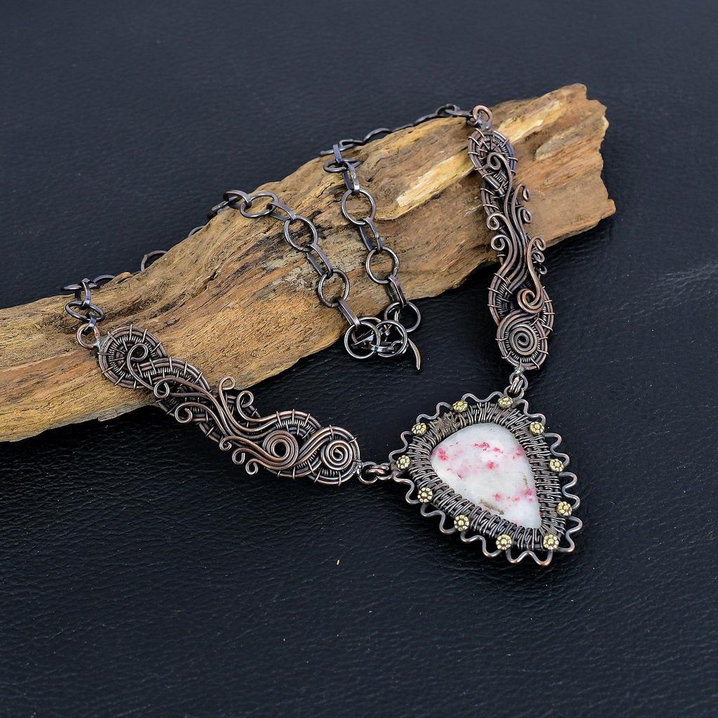 Pink Thulite Gemstone Handmade Necklace, 999 Copper Wire Wrapped Adjustable Chain Necklace Dainty Jewelry For Thanksgiving