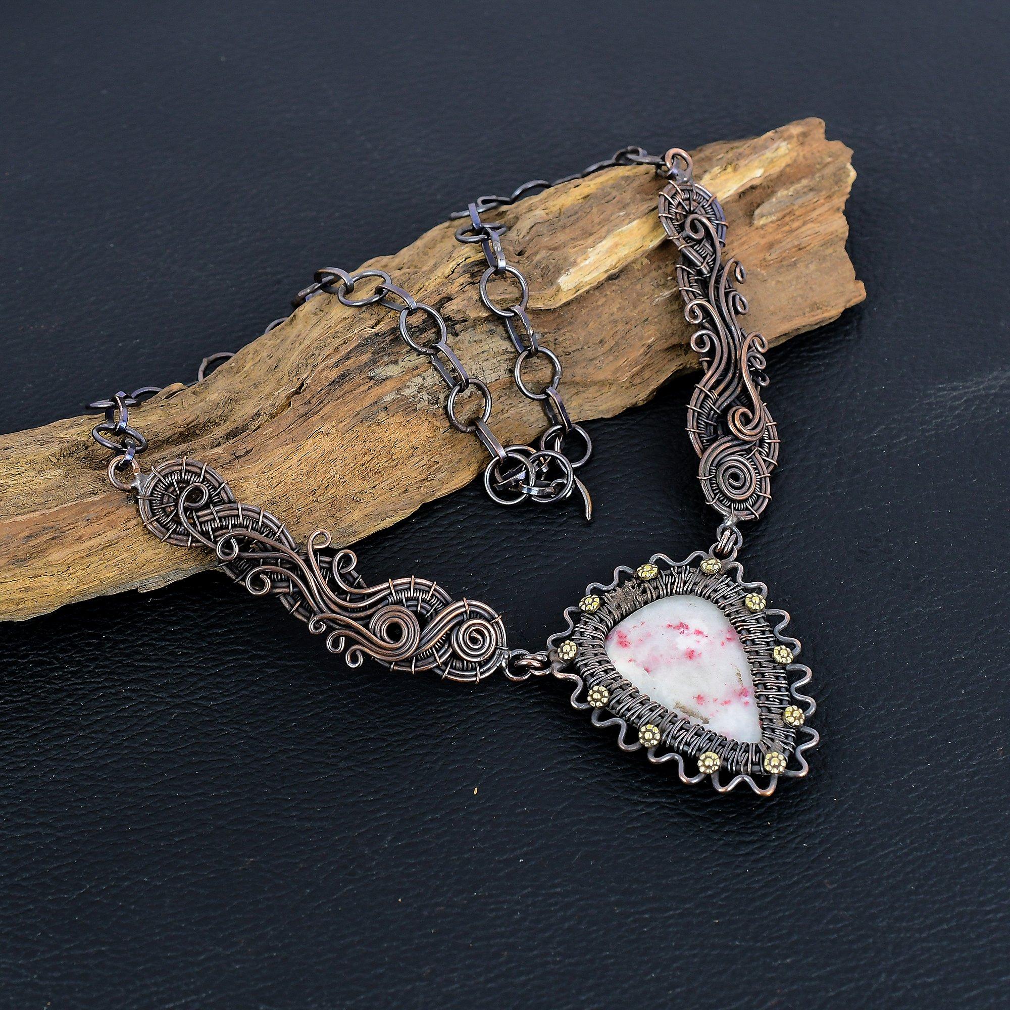 

Pink Thulite Gemstone Handmade Necklace, 999 Copper Wire Wrapped Adjustable Chain Necklace Dainty Jewelry For Thanksgiving