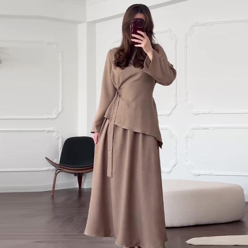 2024 Autumn Women's Solid Color Lace-Up Waist-Gathering Long Dress Set - European and American Casual Style