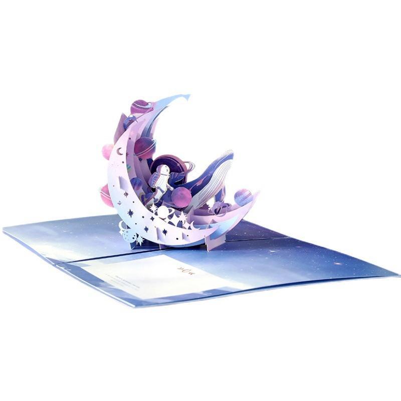 3D Up Greeting Card Fun Space Moon Whale Astronaut Themed Up Card Suitable for Birthday Surprise Gift for Kids Teens