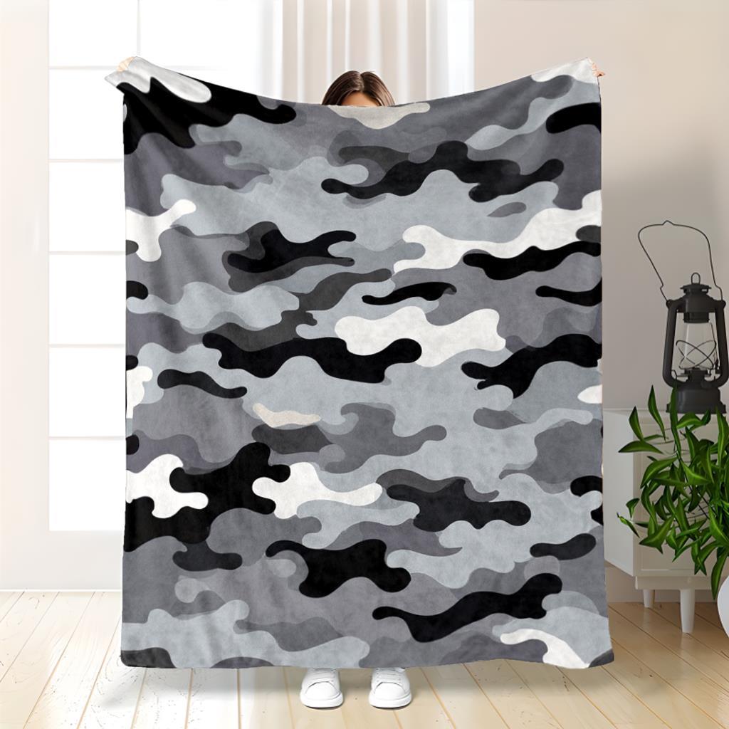 Gray Camouflage Blanket Military Style Pattern Soft Fleece Throw Cozy Home Decor Gift For Men Outdoor Enthusiasts And Soldiers