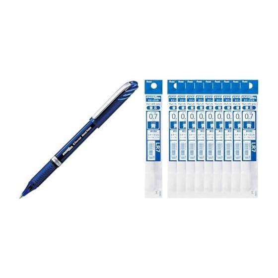 Pentel EnerGel Euro Gel Ink Ballpoint Pen BL27-C, 0.7mm Blue, 10 Pens & EnerGel 0.7mm Refill, XLR7-C, Blue, 10 Refills
