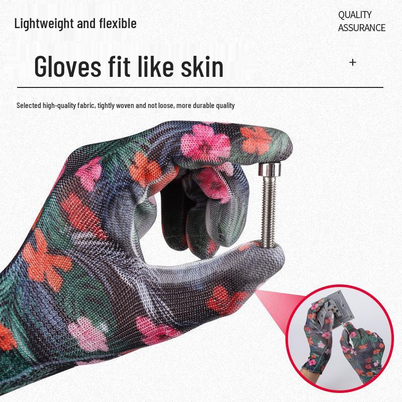 Women's Thin Nylon PU Anti-Slip Breathable Work Gloves: Wear-Resistant, Adhesive Coated Palm and Fingertips for Safety.