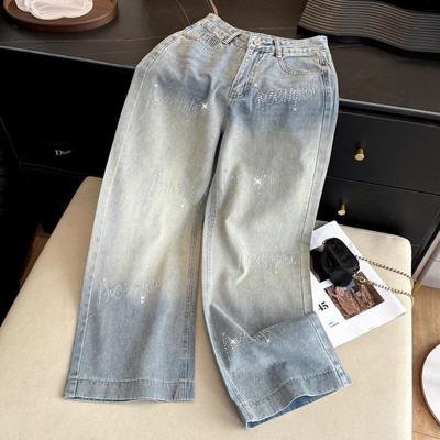 Korean Style Rhinestone Inlaid Gradient Washed High Waist Denim Pants - Women's Straight & Wide Leg Options.