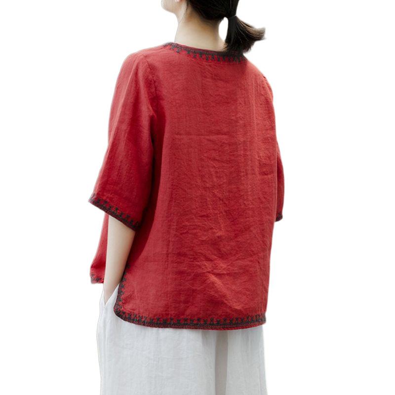 T-shirt artistica in lino ricamato stile retrò, girocollo, manica corta, nuova collezione estiva, top versatile da donna a vestibilità larga