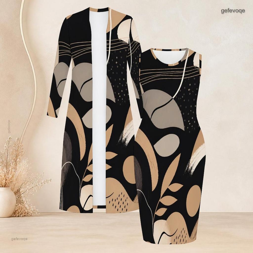 Women Plus Size Two Piece Outfit Geometric Printed Long Sleeve Open Front Cardigan Sleeveless Bodycon Dress