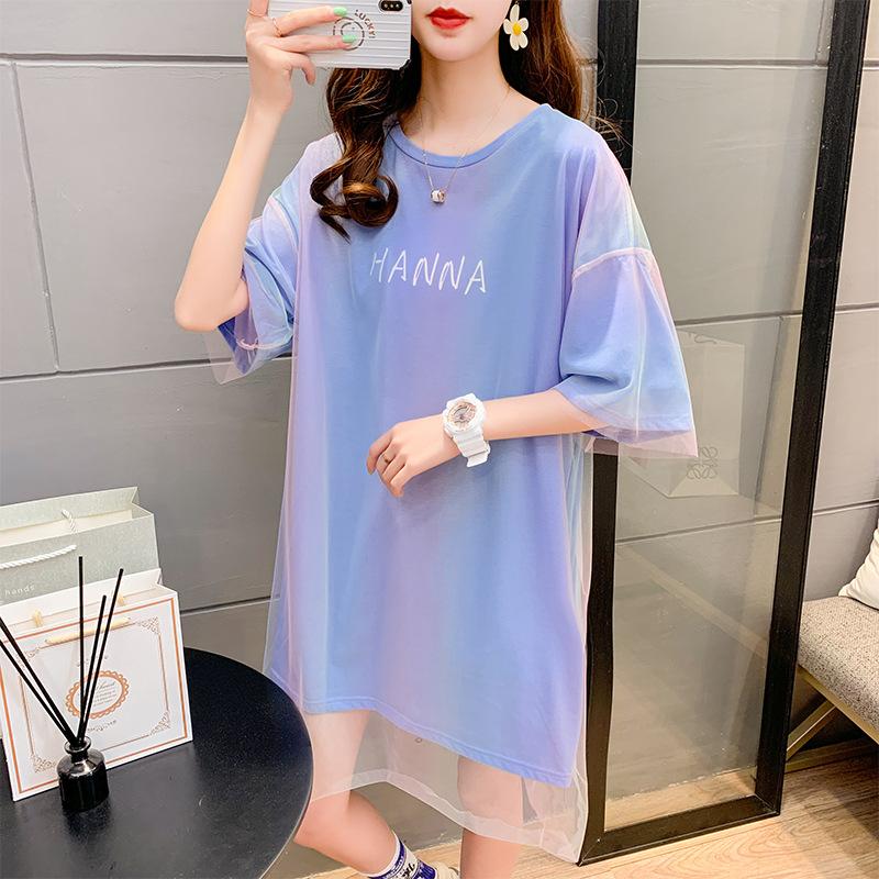 Dámské postupné barevné síťované šaty s krátkým rukávem, letní volná velká verze dlouhých falešných dvou šatů
