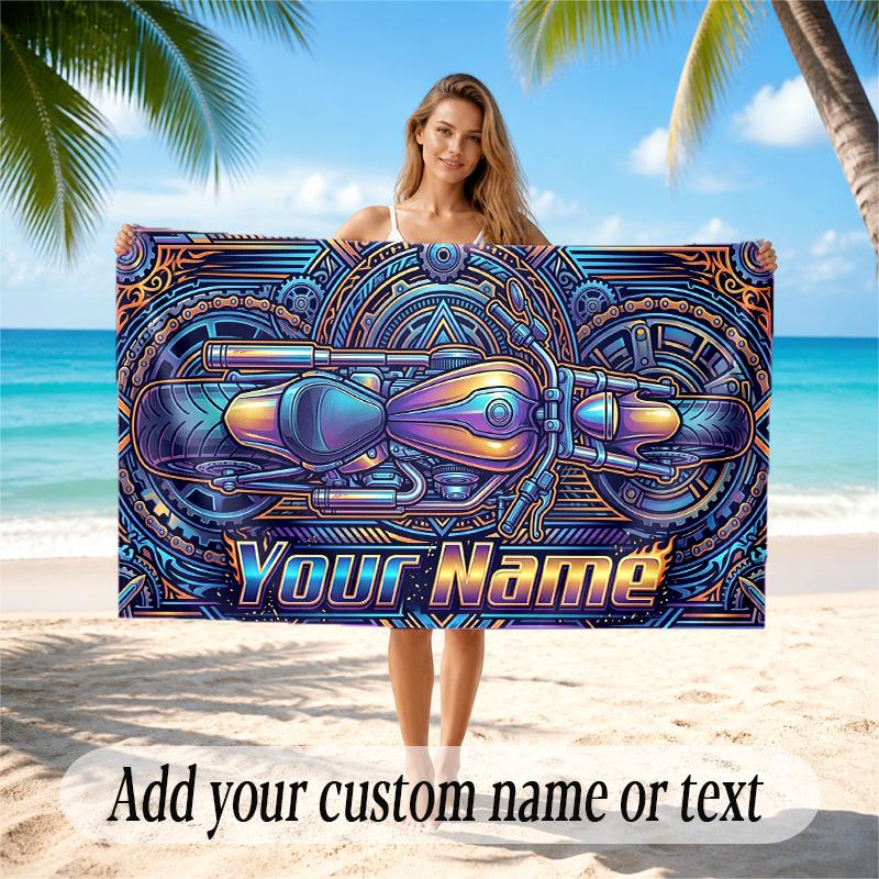Motorcycle Biker Theme Quick Dry Beach Towel Custom Name Text Print Large Sand Resistant Towel Beach Vacation