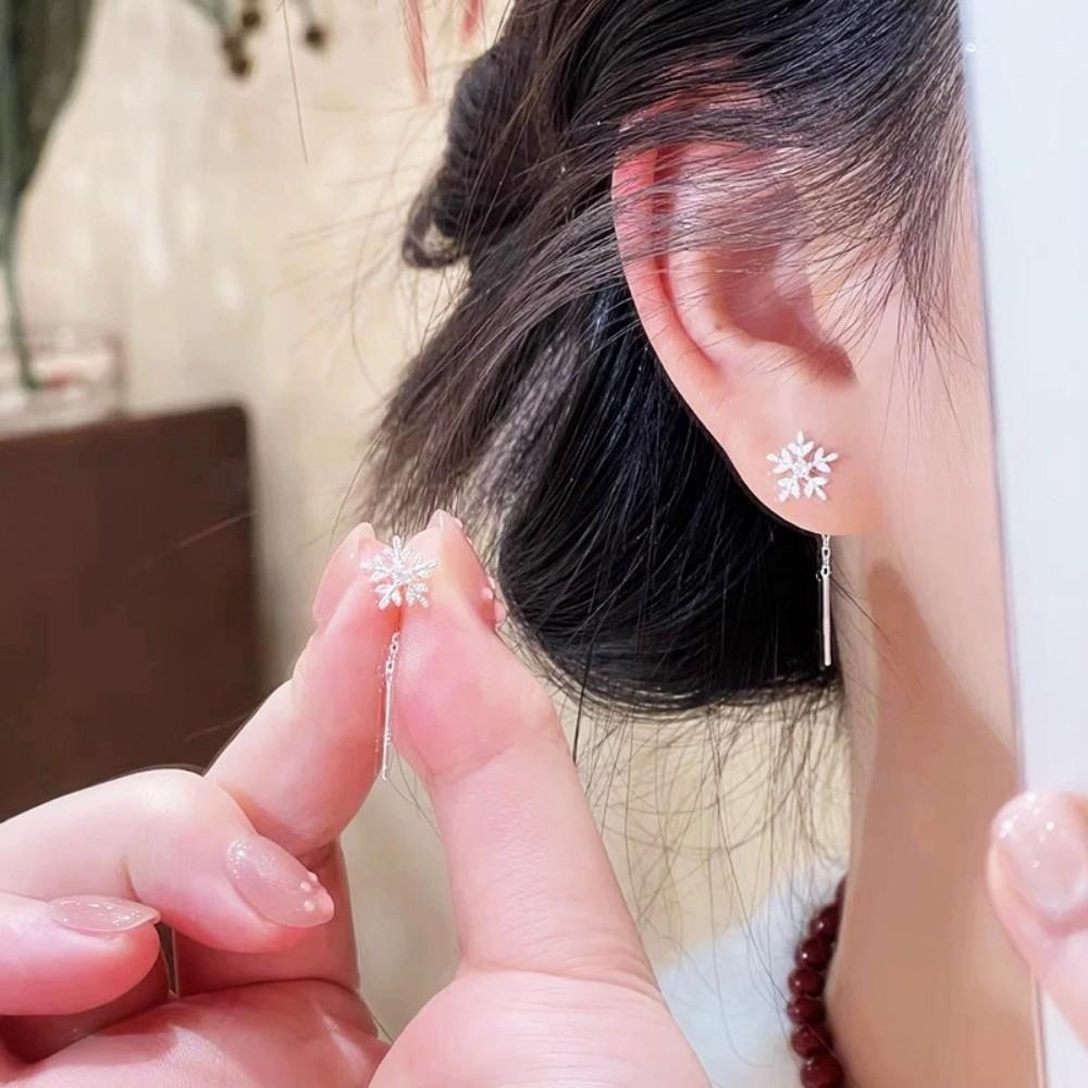 Zircon Snowflake Pendant Earrings Flower Dangle Ear Studs Long Tassel Earrings  Women Accessories