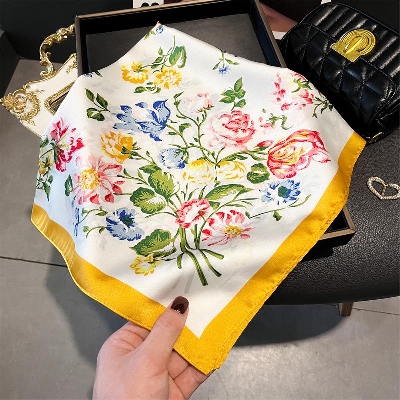 Elegant Spring Floral Silk-Blend Square Scarf - Headscarf & Neck Protection Neckerchief for Women