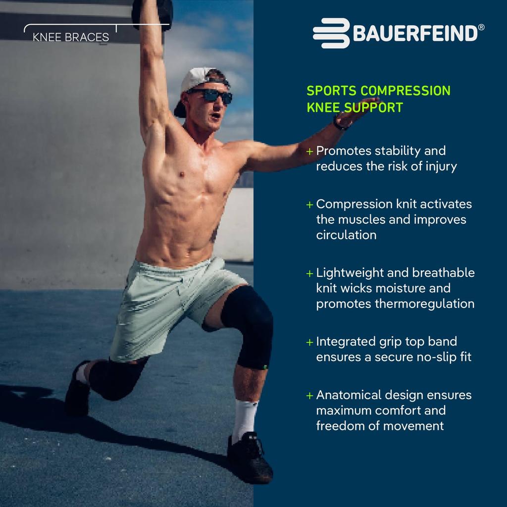 Bauerfeind Sportkompressions-Kniebandage Hergestellt in Allgemeiner Medizinischer Kompression Muskelaktivierung und Kniestabilisierungs-Unterstützung, Deutschland, Gerät, (Schwarz, XL)