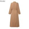 ZANZEA Autumn Spring Women Lapel Collar Belted High Waist Split Long Sleeve Casual Maxi Dress