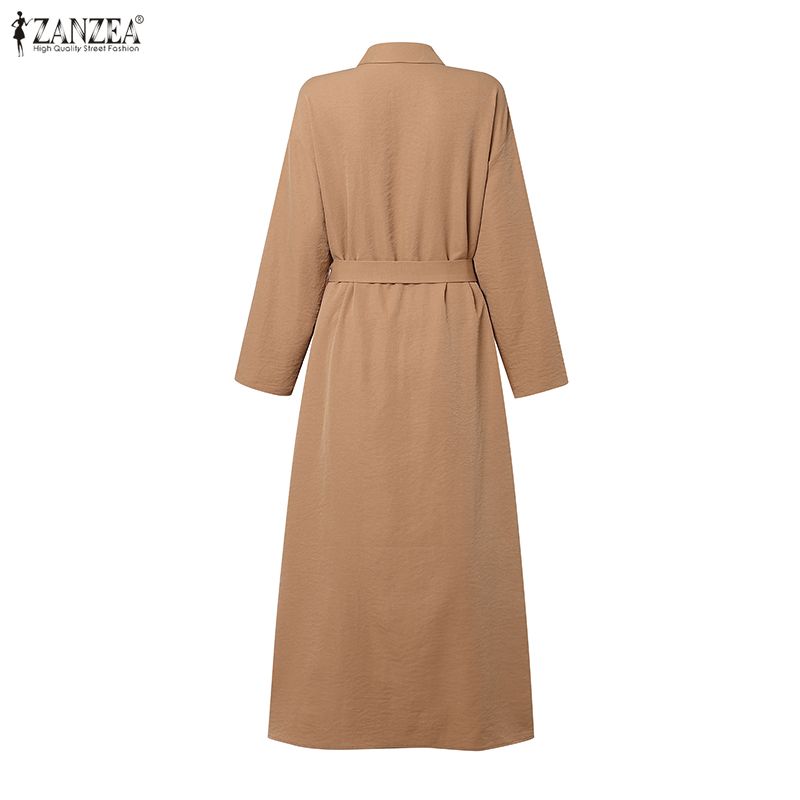 ZANZEA Autumn Spring Women Lapel Collar Belted High Waist Split Long Sleeve Casual Maxi Dress