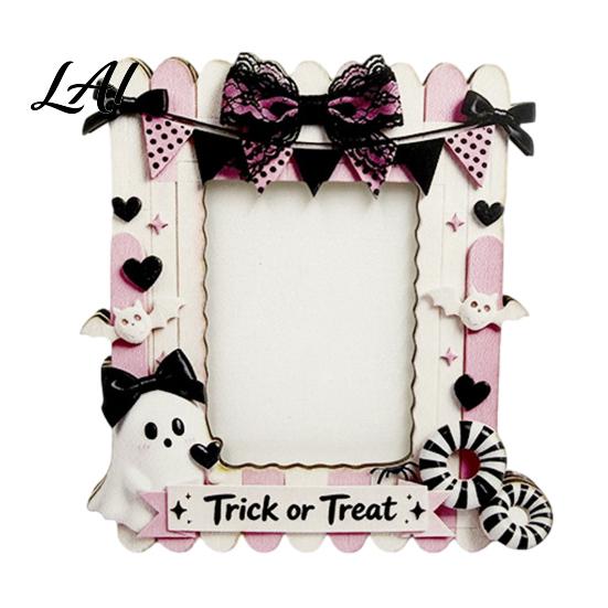 Cat Pumpkin Frame Halloween Wooden Photo Frame Cute Ghost Butterfly Tabletop Decor with Stand Sweet Kawaii Picture Holder for Desk Girly Room