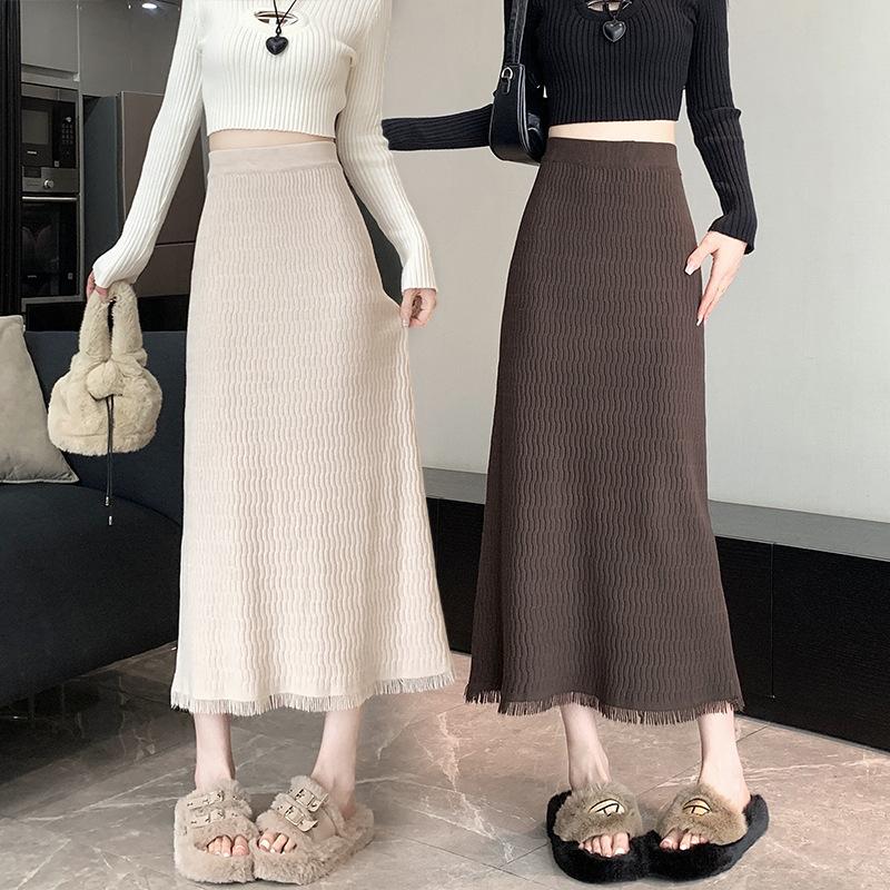 Stretch Fringe Knit Skirt Women Autumn Winter Midi Straight Bodycon High Waist A-Line Skirt