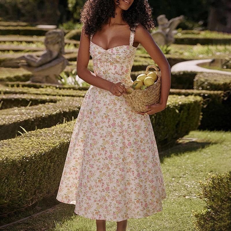 

New temperament floral French spring suspender gentle wind dress thin floral suspender dress XL