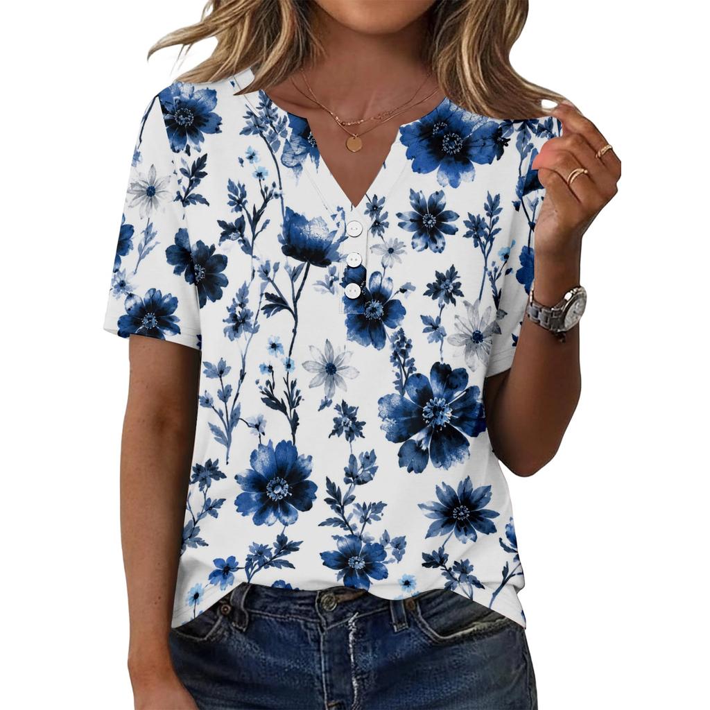 Women's Casual Floral Print V-Neck Short Sleeve Button T-Shirt