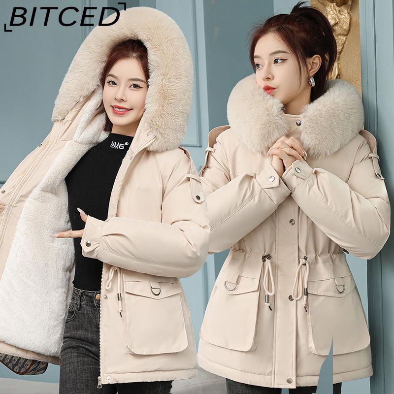 BITCED Women's Fleece-Lined Thickened Puffer Coat - Short Winter Style with Large Fur Collar, Slim-Fit and Flattering Cotton-Blend Outerwear