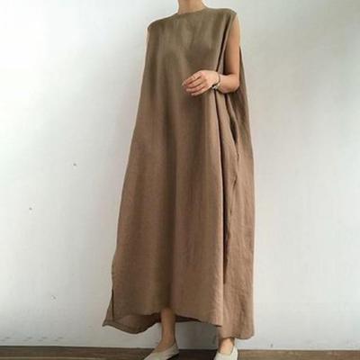 Korean 2024 Sleeveless Cotton & Linen Slit Dress - Internet Celebrity-Recommended Solid Color Swing Design