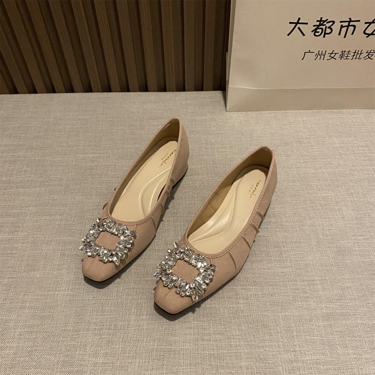 Pumps Square ToeEveningStyle Low Cut Block Heel Soft Soft Sole Women sPleated Rhinestone Driving Shoes 35