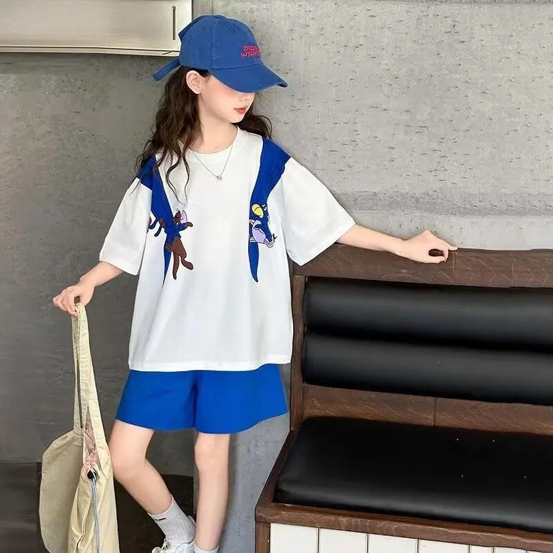 Girls Korean Style Summer Cartoon T-Shirt & Wide-Leg Shorts Two-Piece Set 160cm