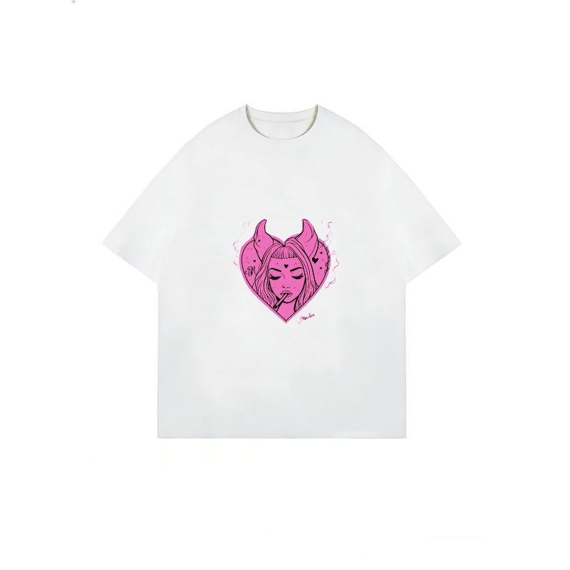 Oversized T Shirt Black Pink Devil Heart Graphic Print Women Casual Streetwear Fashion Top