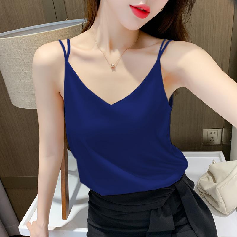 Women Satin Double Spaghetti Strap Cami Top V‑Neck Loose Plus Size Sleeveless Tank Top Silky Acetate Inner Camisole M‑4XL