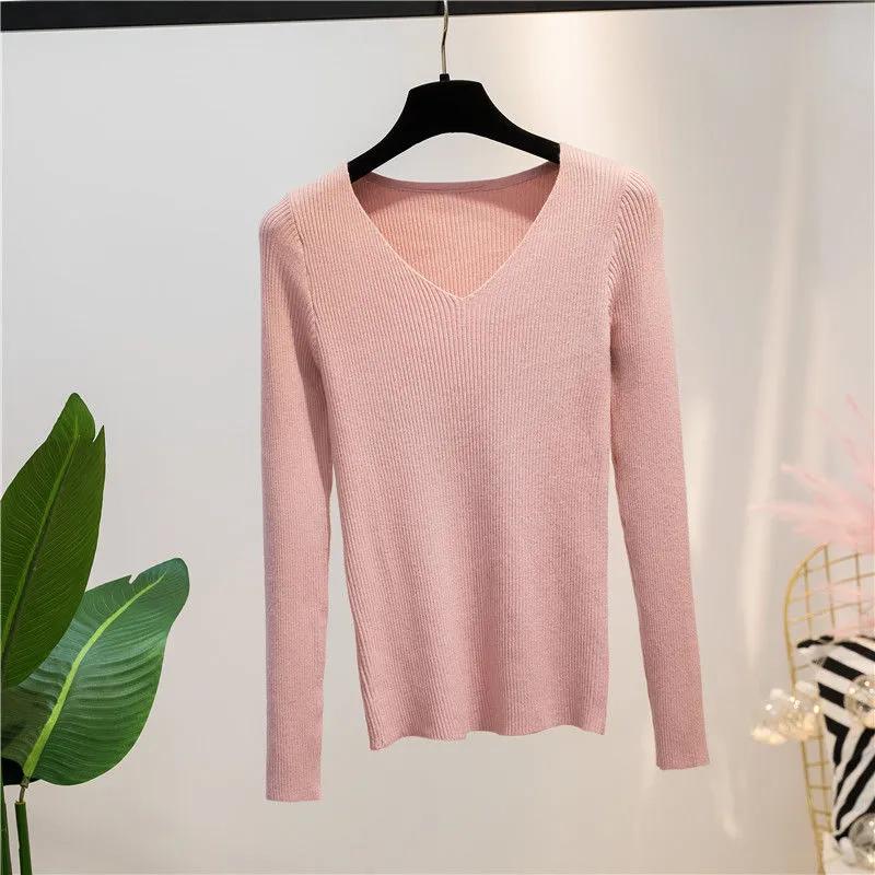 Women Sweater Autumn Long Sleeve Pullover Basic Top Fashion V-neck Elastic Female Winter Solid Knitted Jumper Sweater