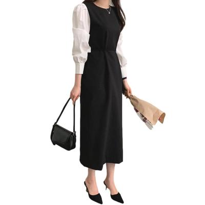 J-Scott Lagenkleid, Materialmix, Puffärmel, Lange Länge, Taillenband, Zweifarbig, Baumwollmischung, Schwarz, JS61-BK-L