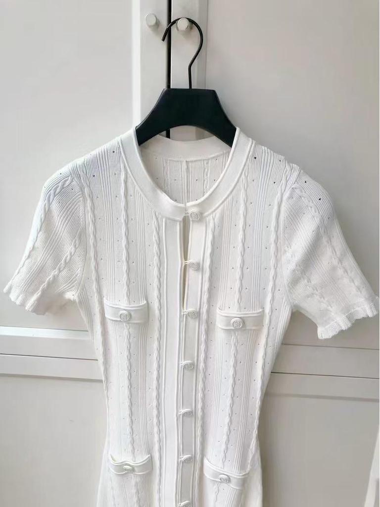 Modern Cross-Border Knitted Split Dress: Short-Sleeve, Hollow-Out, Single-Breasted, Waist-Cinching, Slimming Design