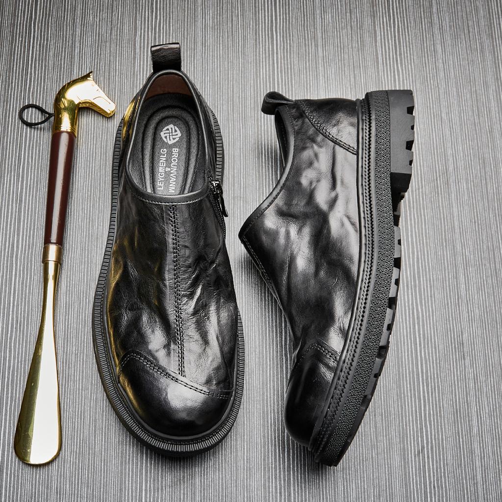 Men'S Business Casual Leather Round Head Small Leather Shoes Personalized Splicing Platform Zipper Green Cow Leather Shoes