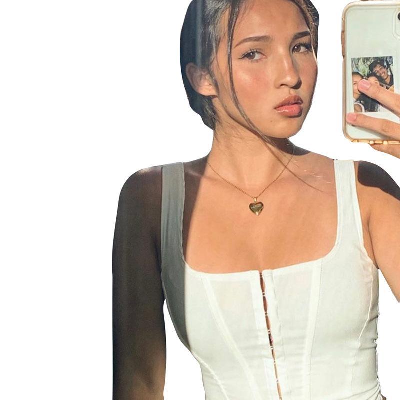 

Модный женский сплошной цвет с квадратным вырезом, уличная съемка, нерегулярный тонкий жилет для похудения, топ