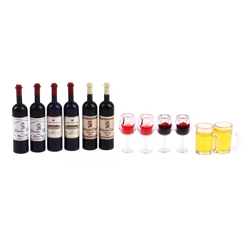 5Pcs 1:12 Dollhouse Miniature Wine Cup Beer Mug Wine Bottle Model Furniture Accessories For Doll House Decor Toy