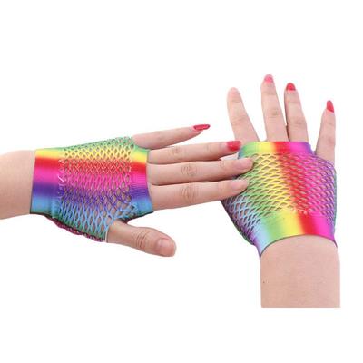 Elasticity Sexy Girl Party Short Half Finger For Women Nylon Fishing Net Gloves Arm Sleeves Rainbow Color Gloves