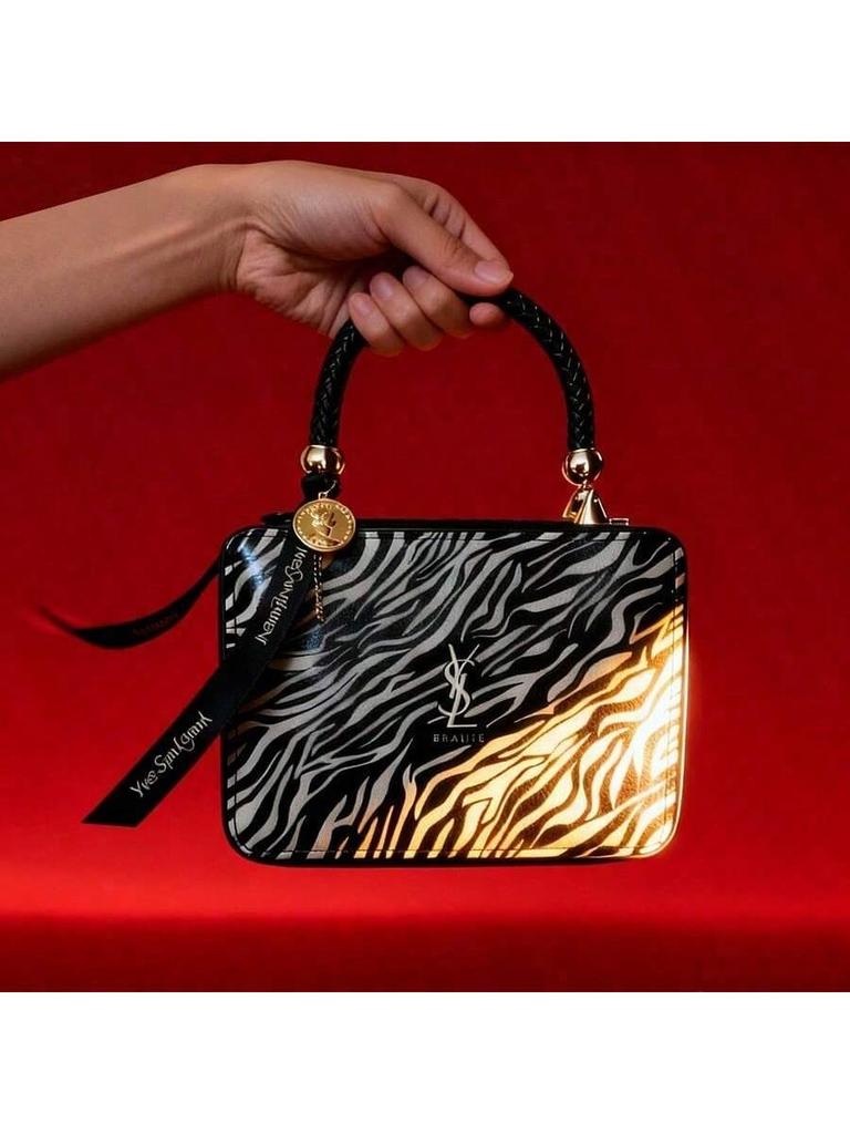 YSL Kadın Siyah Beyaz Zebra Desenli Portföy Çanta - Günlük işe gidiş ve alışveriş için uygun, çok fonksiyonlu bir makyaj çantası.