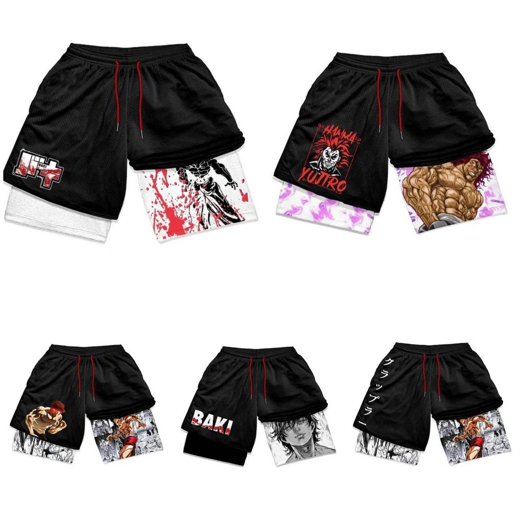Calções de Treino Baki Grappler Calças Camada Dupla Boxe Muay Thai Kickboxing Treino Desenho Animado Japonês Animação Estampa 3D Ginásio Desporto Treino Fitness Cosplay Unissexo